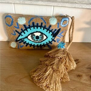 Wayuu Tribe Brown Crossbody Clutch with Turquoise and Light Blue Eye Motif